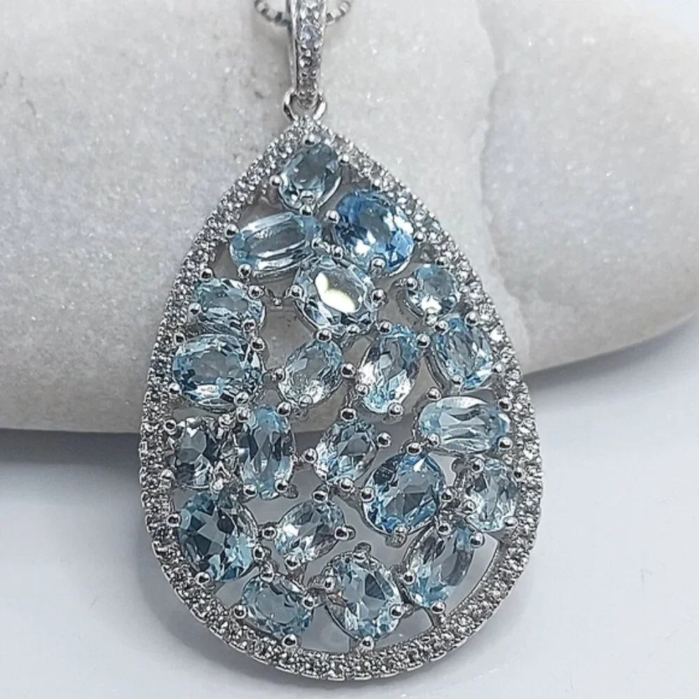 Natural Sky Blue Topaz Gemstone 925 Sterling Silver Necklace - Picture 1 of 8